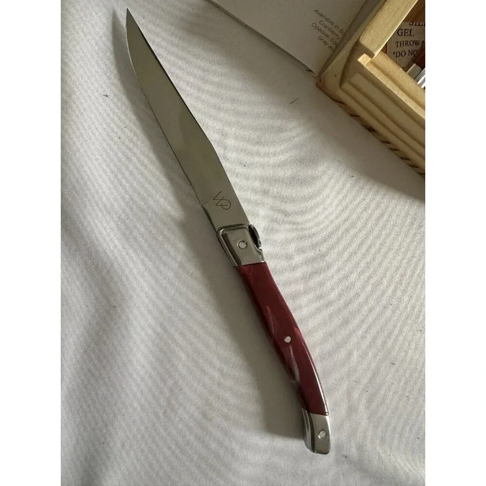 Wolfgang Puck 6 Piece Steak Knife Set Cranberry Handles In Wooden Box NEW
